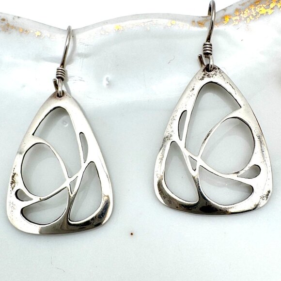 Art Nouveau Triangle Sterling Silver Earrings Abstract Dangle Openwork Design - Picture 1 of 9